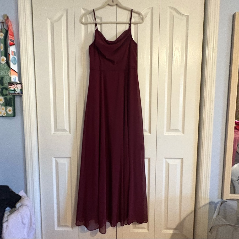 David's Bridal Burgundy Maxi Dress with Spaghetti Straps
